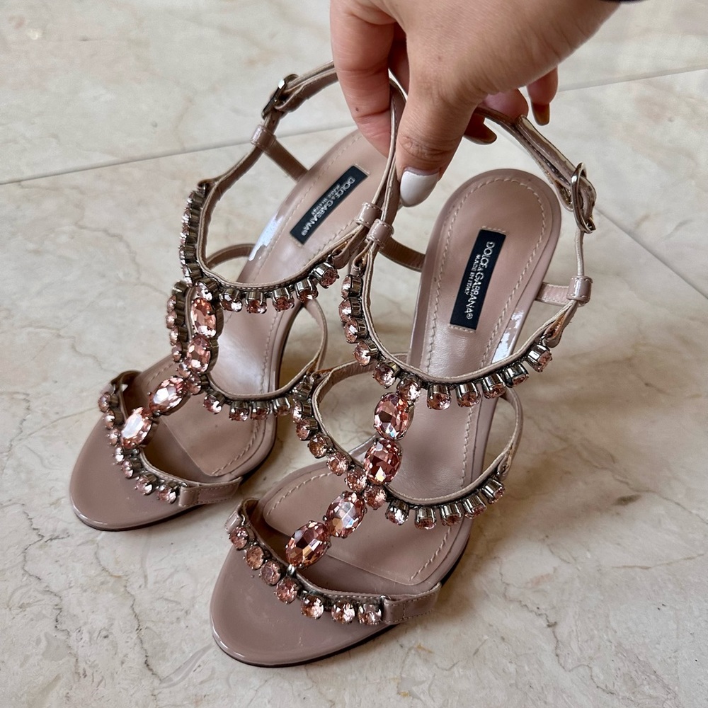 Dolce & Gabbana Pink Crystal Embellished Patent Leather Sandals 37 Like New - Picture 9 of 9